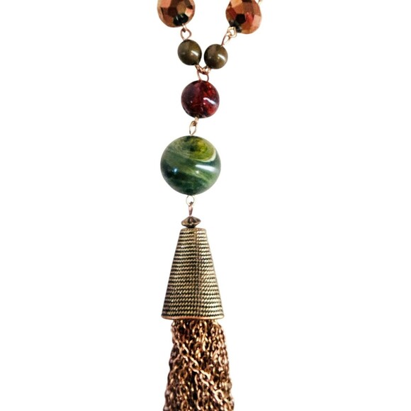 Erica Lyons Colorful Beaded Necklace Gold Green Beige Amber Tassel 28 In Long - Picture 3 of 5